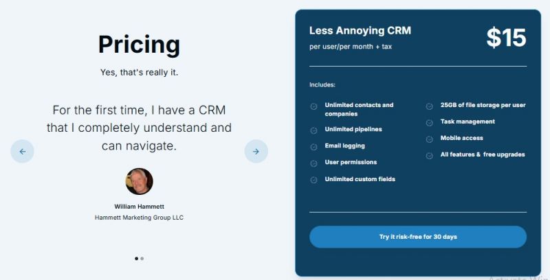 Less Annoying CRM Pricing Screenshot