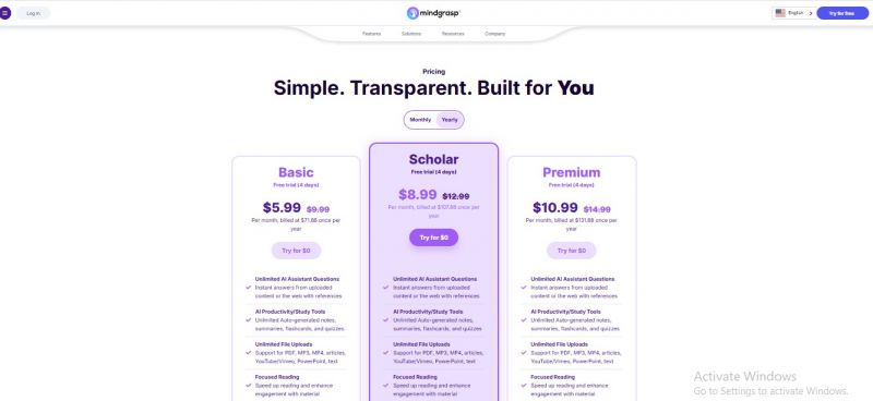 Mindgrasp AI Pricing Screenshot