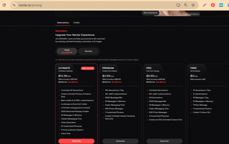 Nectar AI Pricing Screenshot