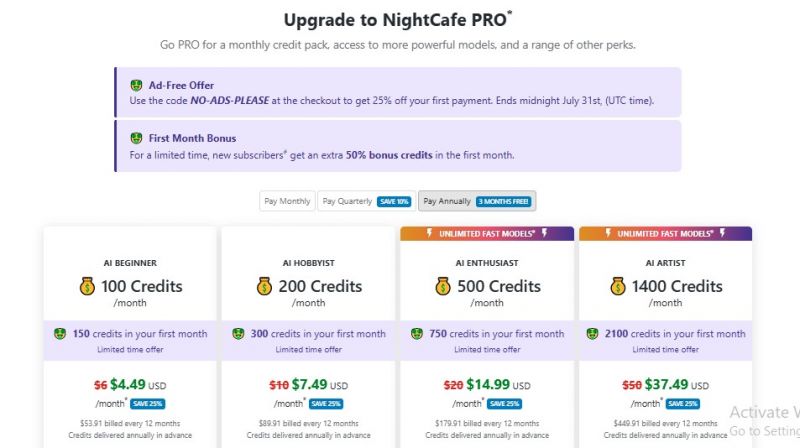 NightCafe Studio Pricing Screenshot
