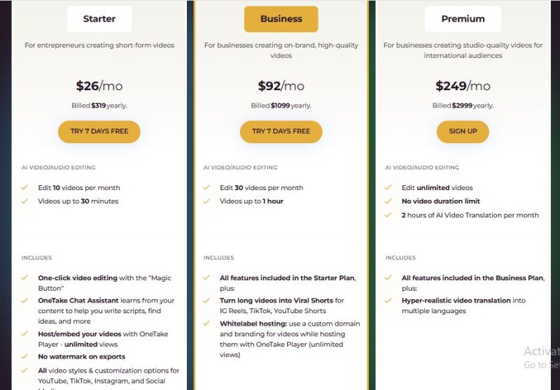 OneTake Pricing Screenshot