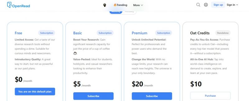 OpenRead Academy Pricing Screenshot