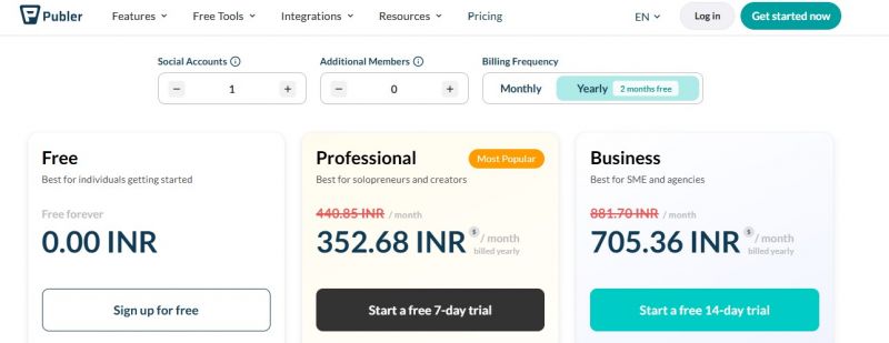 Publer Pricing Screenshot