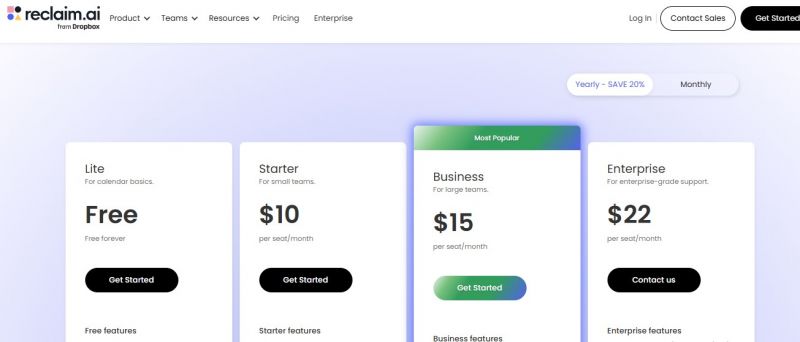 Reclaim AI Pricing Screenshot