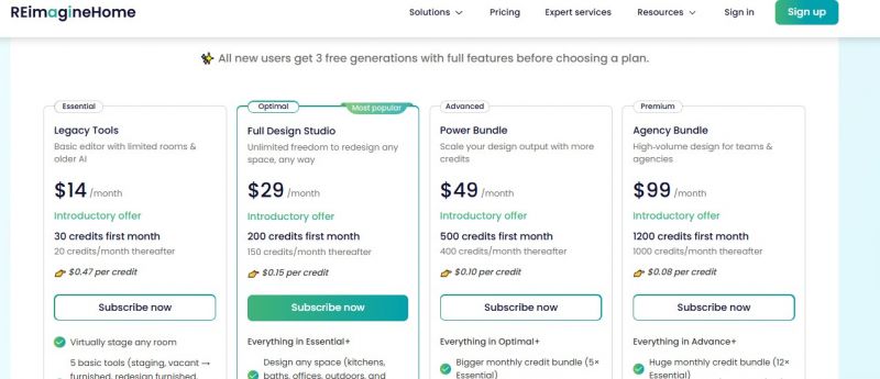 Reimagine Home Pricing Screenshot