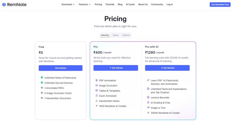 RemNote Pricing Screenshot