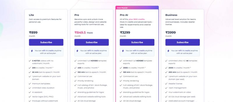 Renderforest ai Pricing Screenshot