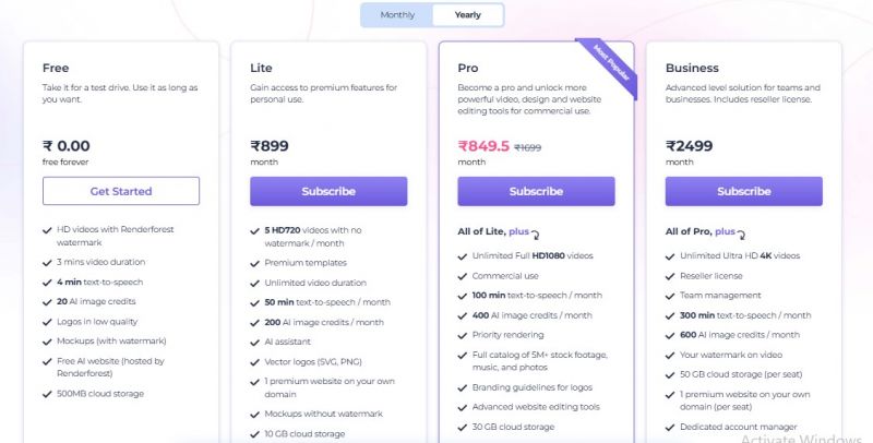 Renderforest Pricing Screenshot