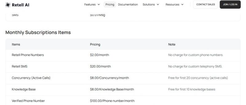 Retell AI Pricing Screenshot