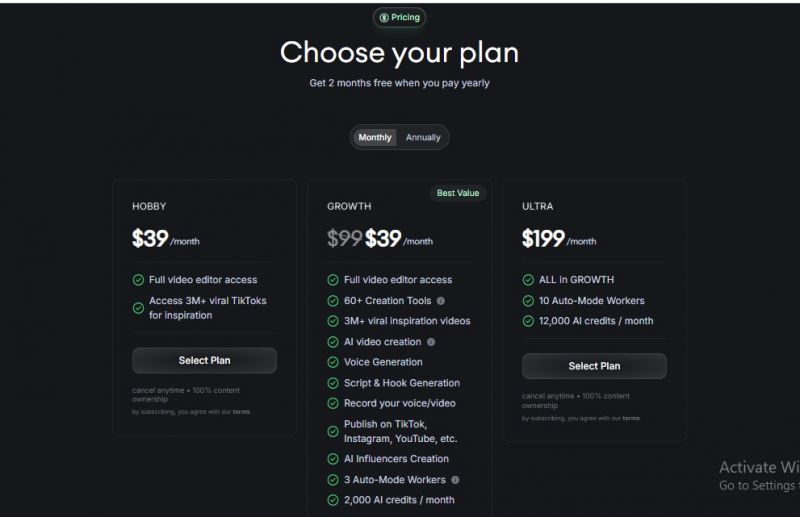 Revid AI Pricing Screenshot