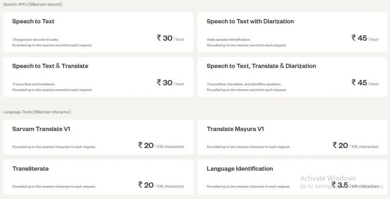 Sarvam AI Pricing Screenshot