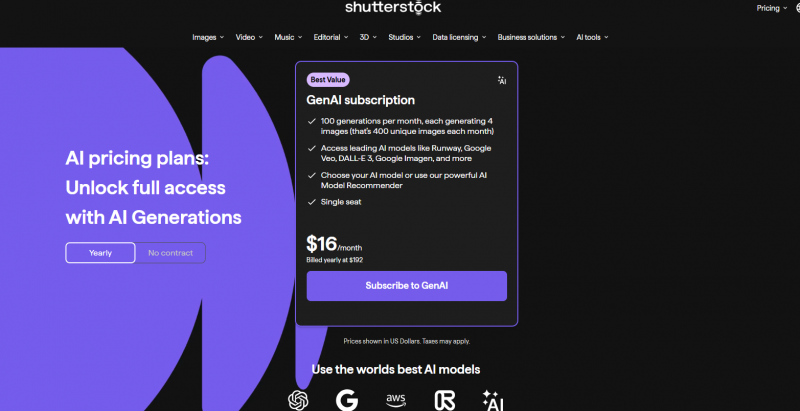 Shutterstock's Pricing Screenshot