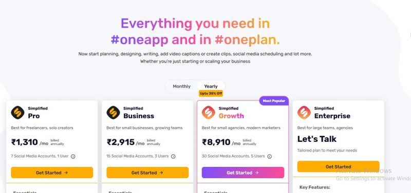 Simplified.com Pricing Screenshot