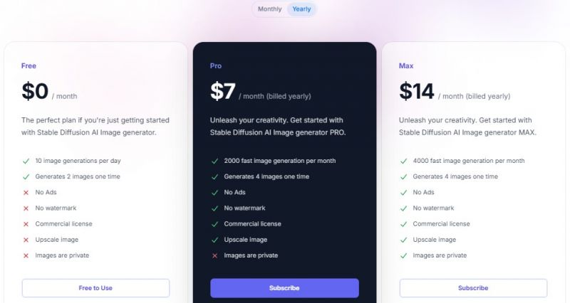 Stable Diffusion Pricing Screenshot