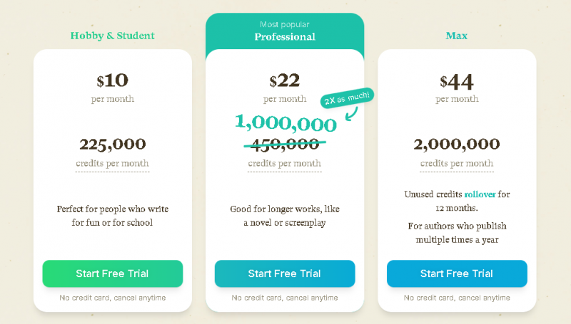 Sudowrite Story Engine Pricing Screenshot
