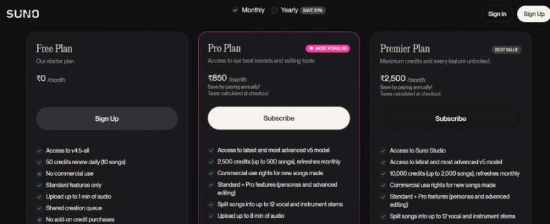 Suno Pricing Screenshot