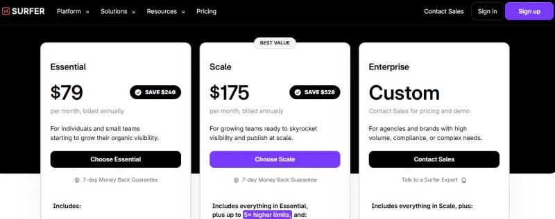 Surfer AI Pricing Screenshot