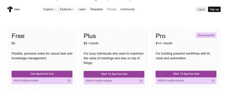 Tana AI Pricing Screenshot