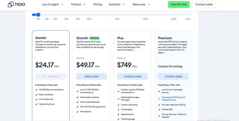 Tidio Pricing Screenshot
