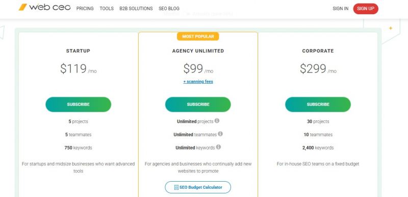 WebCEO Pricing Screenshot