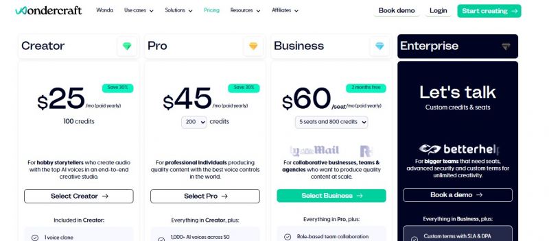 Wondercraft Pricing Screenshot