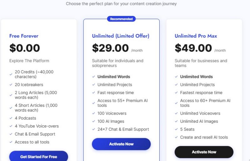 Writecream Pricing Screenshot