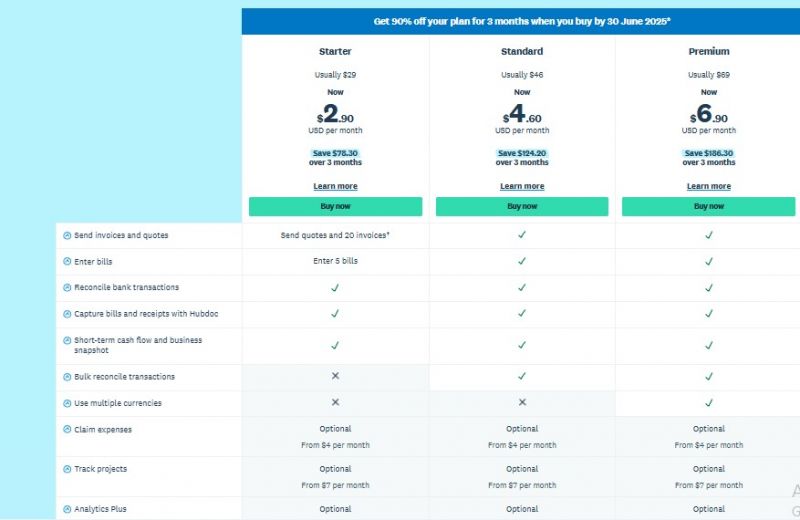 Xero Pricing Screenshot