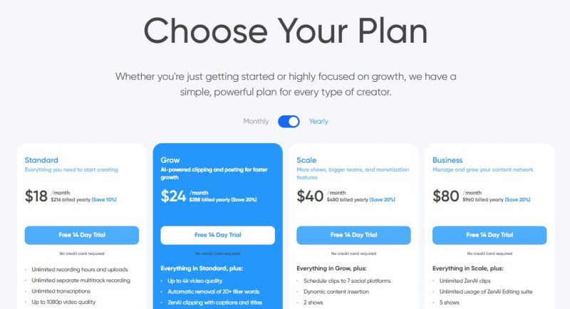 Zencastr Pricing Screenshot
