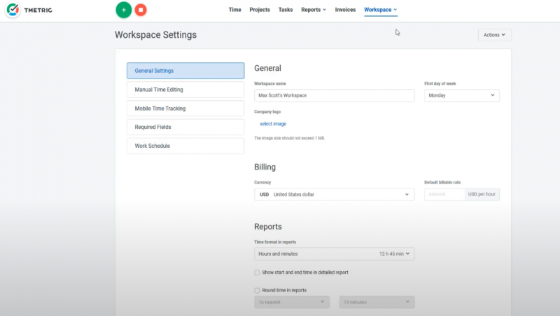 TMetric Workspace Settings